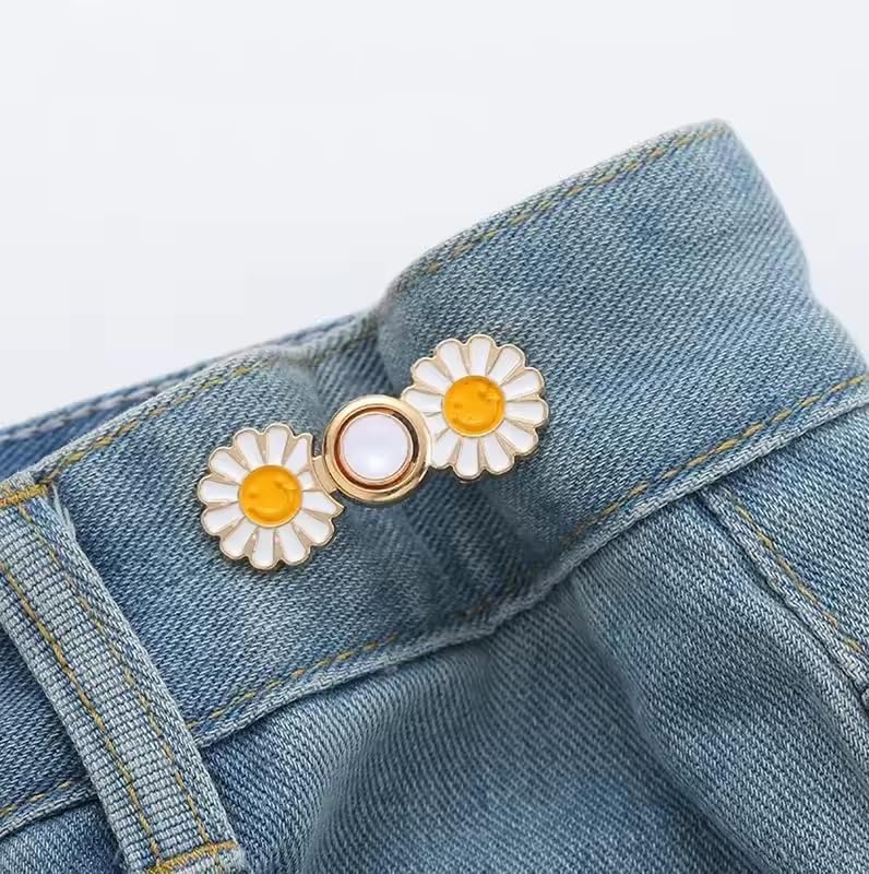 Image of ZURATO Colorfull Sun Flower Adjustable Jean Button, Pant Waist Tightener Pins, No Sew and No Tools Detachable Decorative Button, Waist Adjustment Buttons Extender (White - Gold, Pack of - 2)