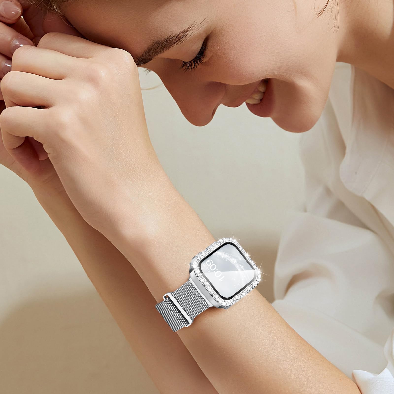 Compatible for Apple Watch Straps and Case Women, Magnetic Milanese Band and Double Row Diamond Screen Protector, Luxury & Versatile, Solve Boring Outfits, Eye-Catching for Work & Date — view 6