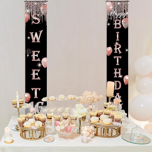 Miniatura 4 de Decoración de fiesta con texto en inglés "Sweet 16", letrero para puerta, letrero de feliz cumpleaños de 16 años para niñas, oro rosa, suministros