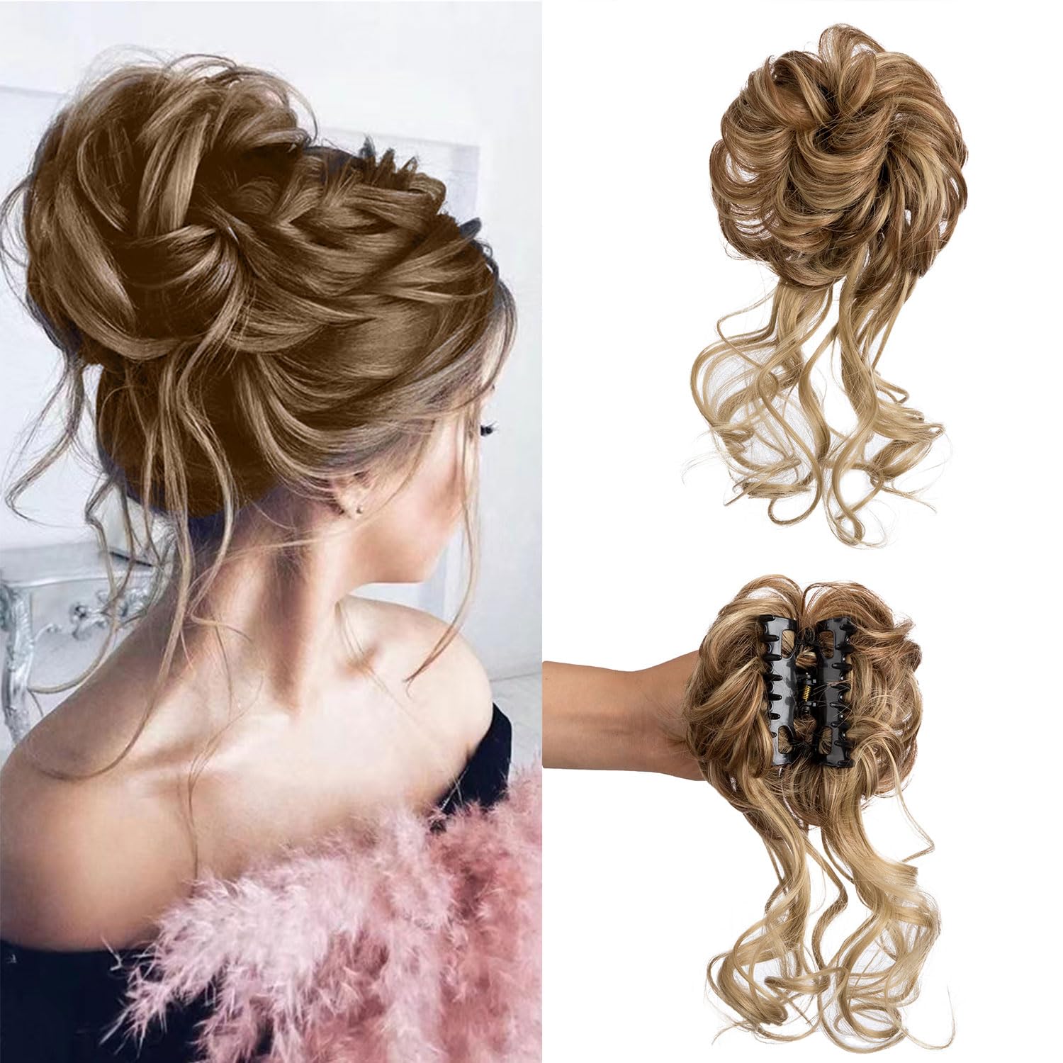 Haarteil für Hochsteckfrisuren, Klaue, Dutt, Haarteil, elastischer Kordelzug, synthetische Claw Clip Messy Bun Hair Piece Tousled Updo Hair Buns Extension für Damen (Brown2 Mix Blonde2)