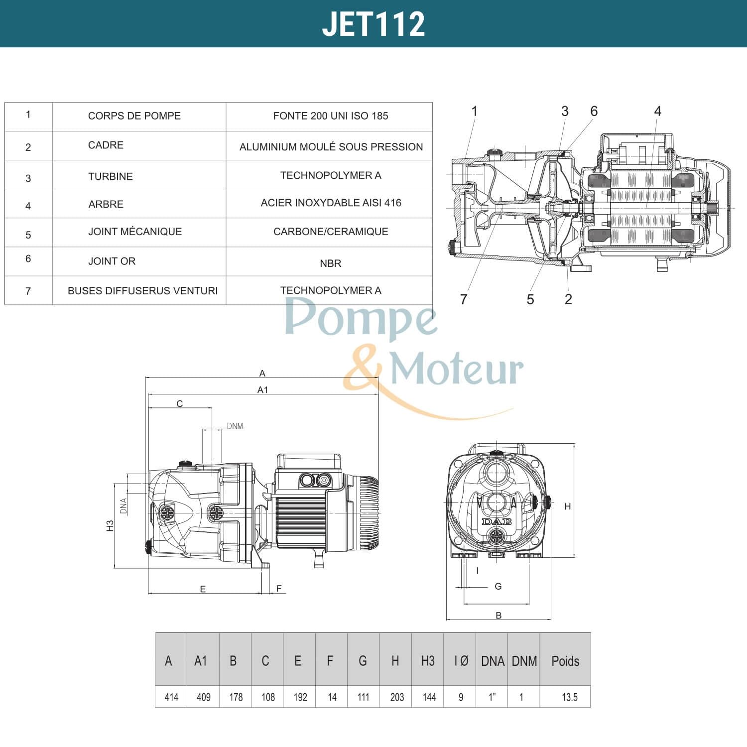 DAB - Jet 112 M - Pompe centrifuge électrique auto-amorçante, 1 kW -