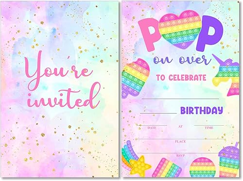 Juego de 20 invitaciones para fiesta de cumpleaños con sobres, color morado y rosa, para niñas