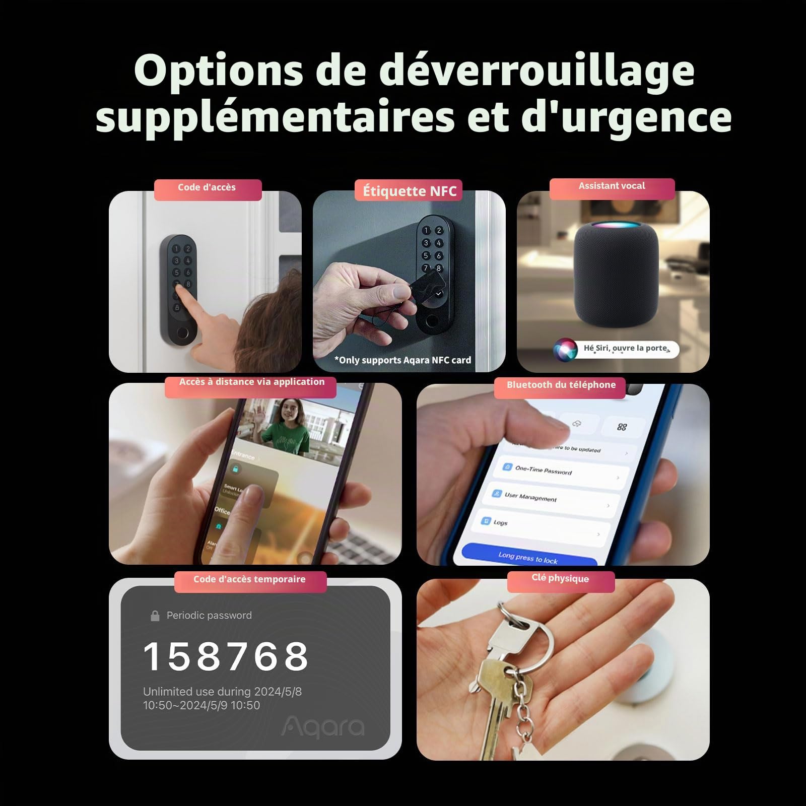 Aqara Smart Lock U200 (avec empreinte digitale), Matter Over Thread, serrure de porte intelligente avec clé Apple Home et batterie rechargeable, prend en charge Homekit, Google Home, Alexa et