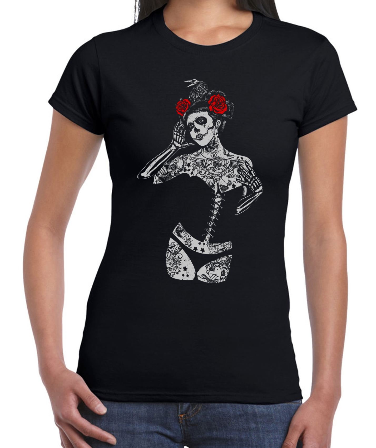 Tribal T-Shirts Womens Black Crow Sugar Skull Girl T-Shirt (Small, Black)