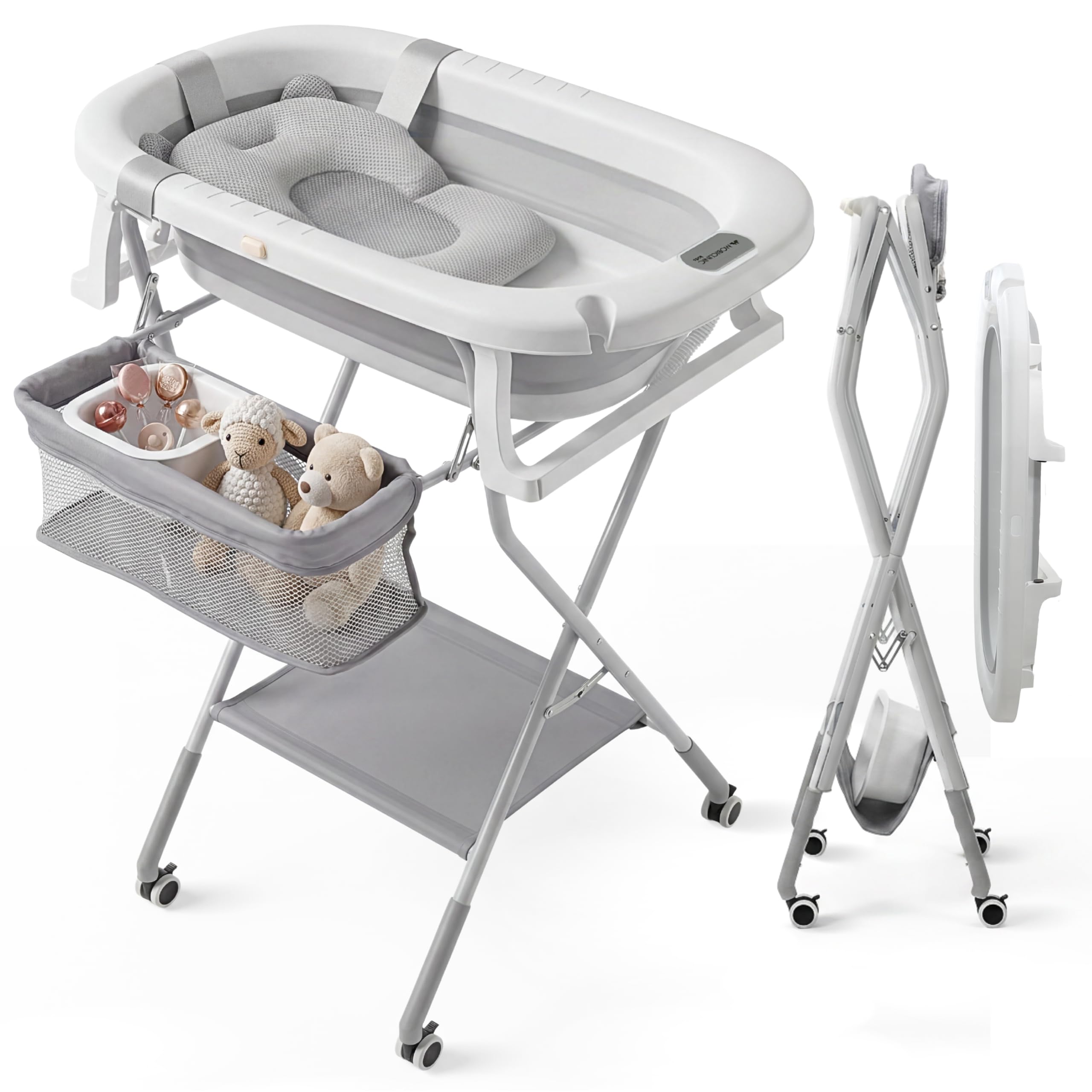 Mobiclinic®, Bañera Plegable Bebé, con Patas y Soporte, Regulable en Altura, Ruedas 360º con Freno, Cojín Ergonómico, Tubo Desagüe, Cesta y Bandeja, Compacta, Bubba Max