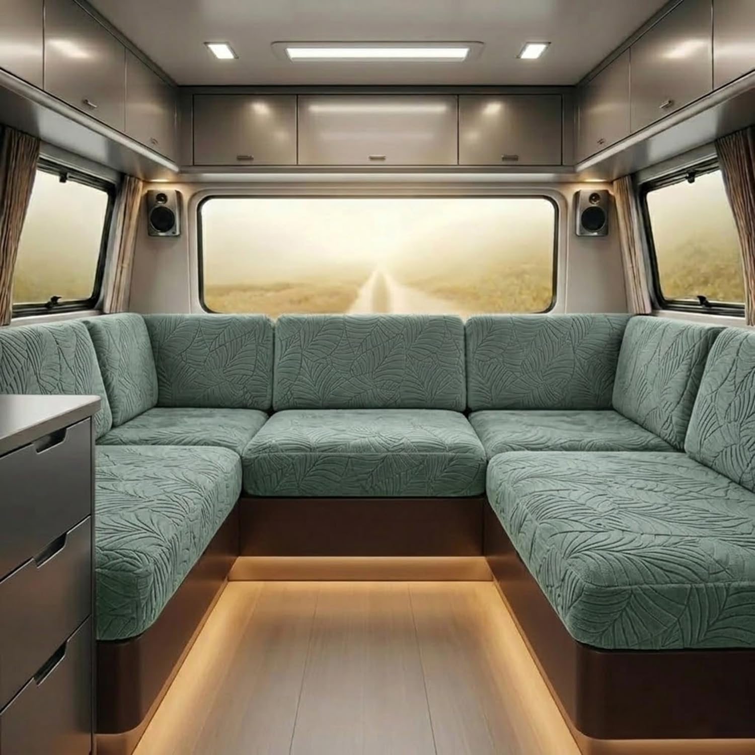 Stretch Caravan Cushion Covers Water Resistant, Jacquard Leaf Campervan Seat Slipcover with Straps, Motorhome Couch Protector(S7,W 160-200cm*D 60-90cm)