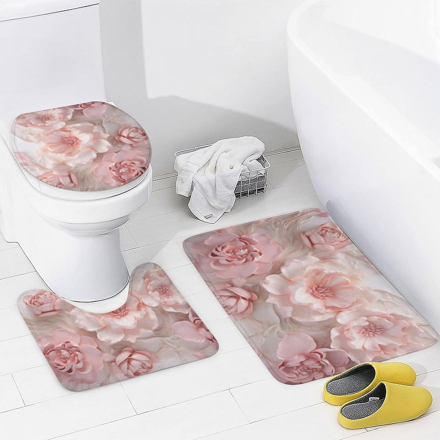 Fantasy Roses Shower Curtain 4 Piece Sets with Non-Slip Rugs,Toilet Lid Cover and Bath Mat Colorful Romantic Flowers Waterproof Shower Curtain with 12 Hooks Bathroom Set Home Decor