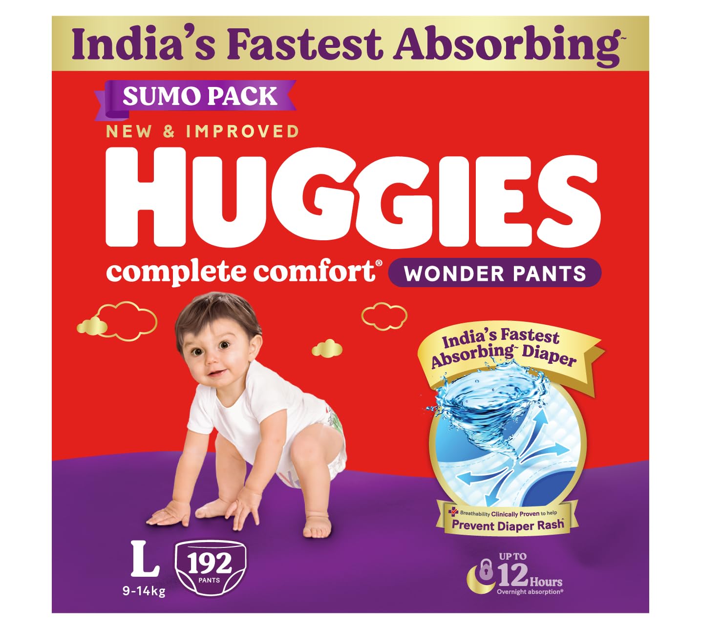 Sponsored Ad - Huggies Complete Comfort Wonder Pants | Pant Style Baby Diapers Large Size, 192 Count | India's Fastest Absorbing Diaper, Prevents Diaper Rash, Ideal for 9 to 14 Kgs (64 count, Pack of 3)
