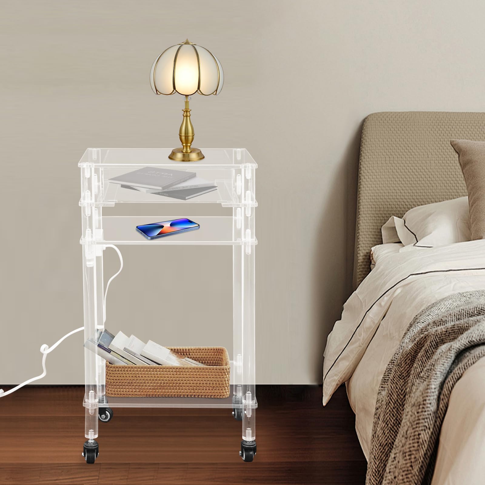 Support d'imprimante moderne en acrylique transparent avec ports USB, table d'imprimante multifonction avec roues et tiroir pour la maison, le bureau, le salon, la chambre à coucher