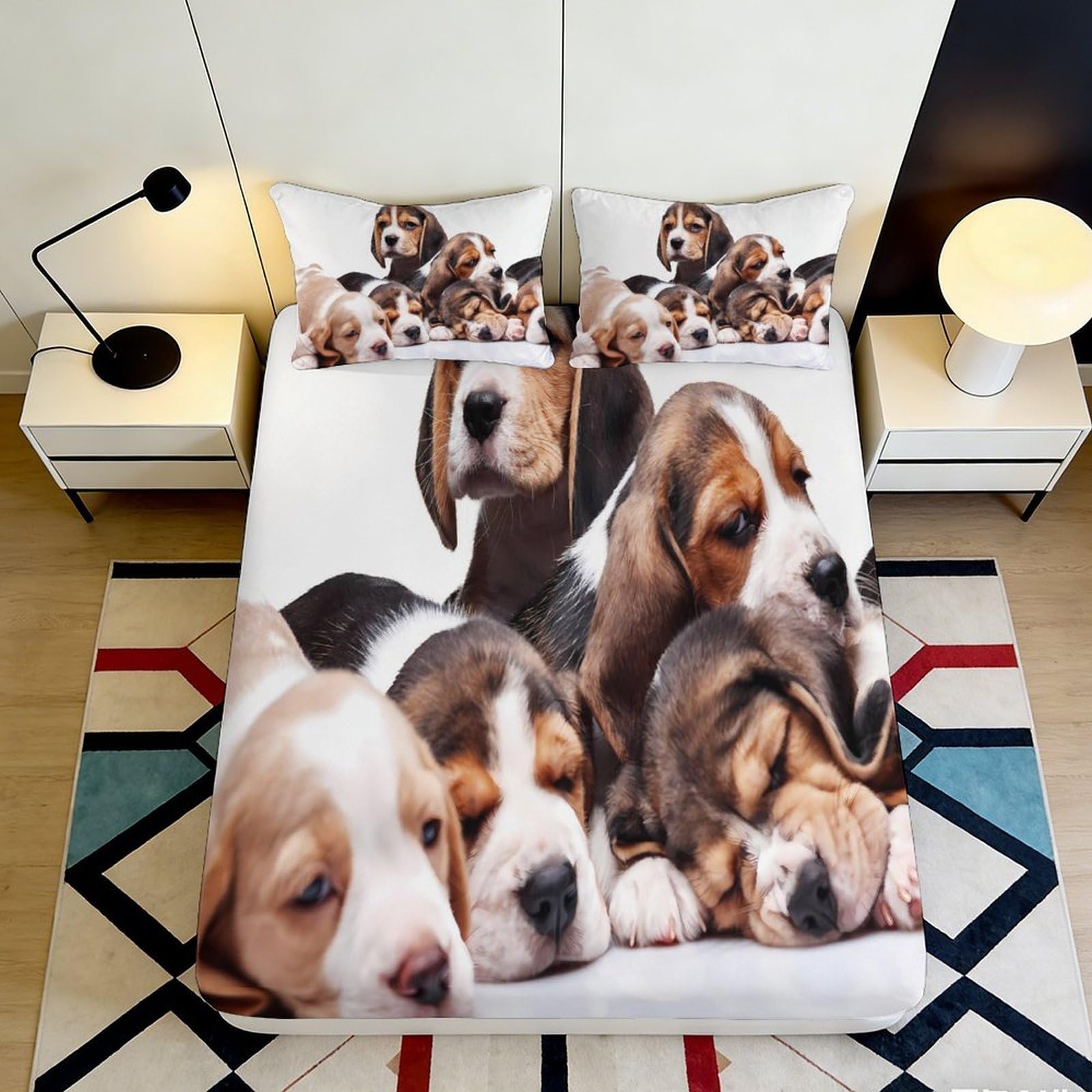 3D Printed Beagle Puppy Fitted Sheet Microfiber Dog Sleep Scene Mattress Cover Anti-Slip Washable for Bedroom Home Decor 180x200x25cm