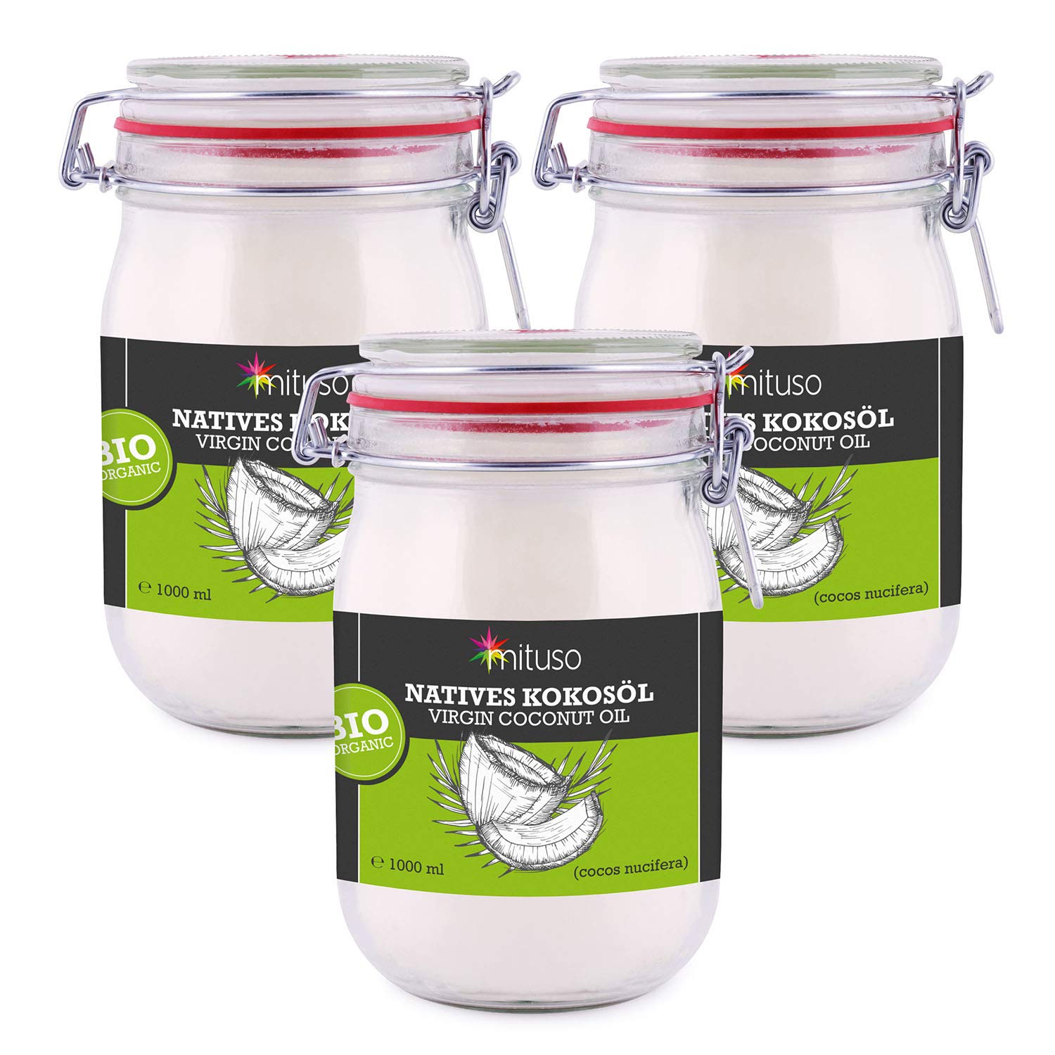 mituso Bio Kokosöl, nativ, 3er Pack (3x 1000ml) im Bügelglas