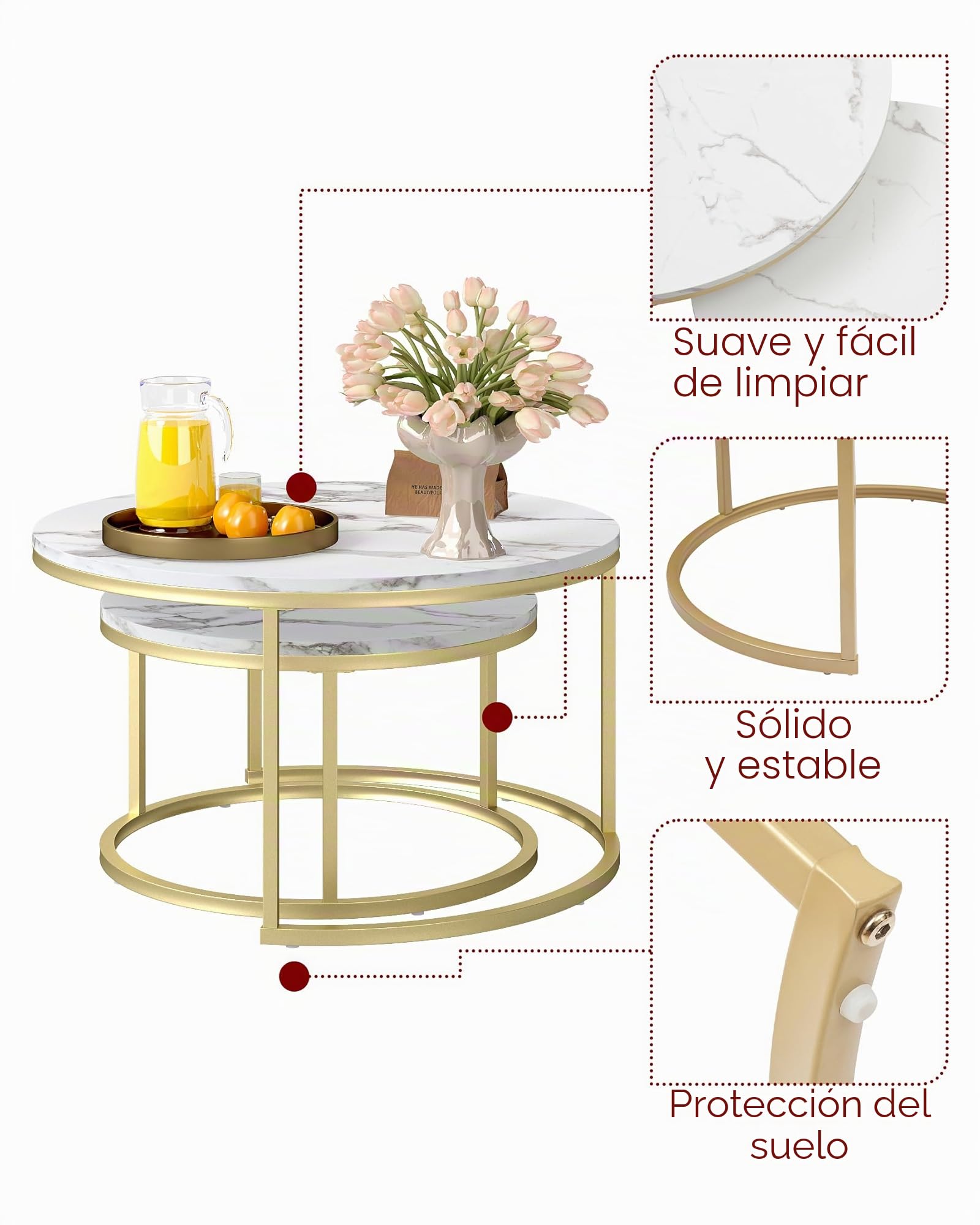Mesa Auxiliar Sofa con Marco Dorado, Mesa de Centro Redonda con Efecto de mármol Blanco, Juego de 2 Piezas de Coffee Table, Mesa de Centro Blanca Moderna