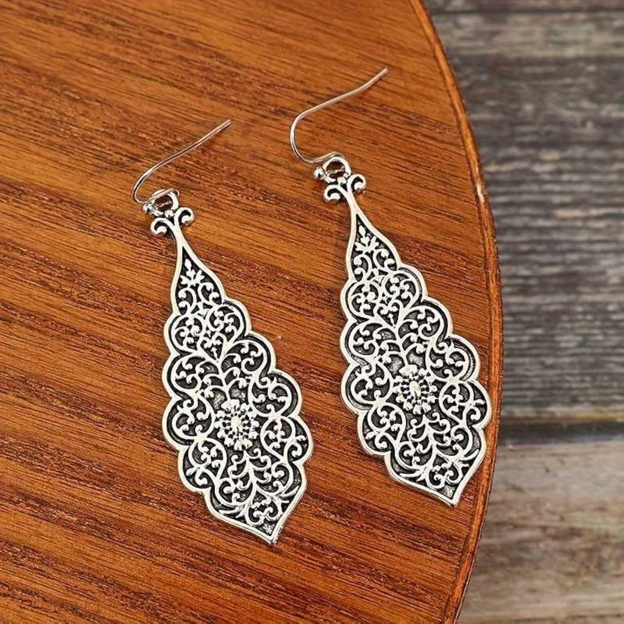Vintage Style Oxidized Flower Carved Hook Earrings
