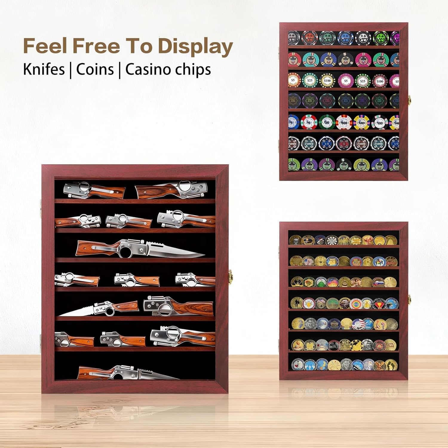Grintus Pocket Knife Display Case 7-Tier Knife Collection Display Box for Wall Folding Knife Cabinet with Uv Protection Acrylic Lockable Large Mahogany