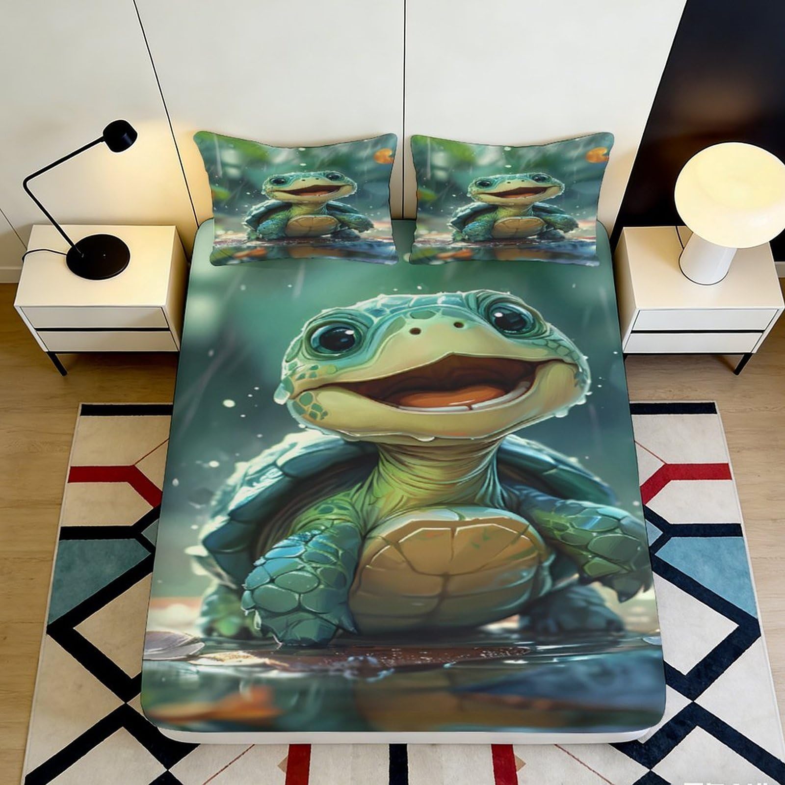 3D Printed Cute Turtle Fitted Sheet Microfiber Soft Breathable Cartoon Turtle Bed Cover for Bedroom Dormitory Guest Room Mattress Protection 180x200x25cm