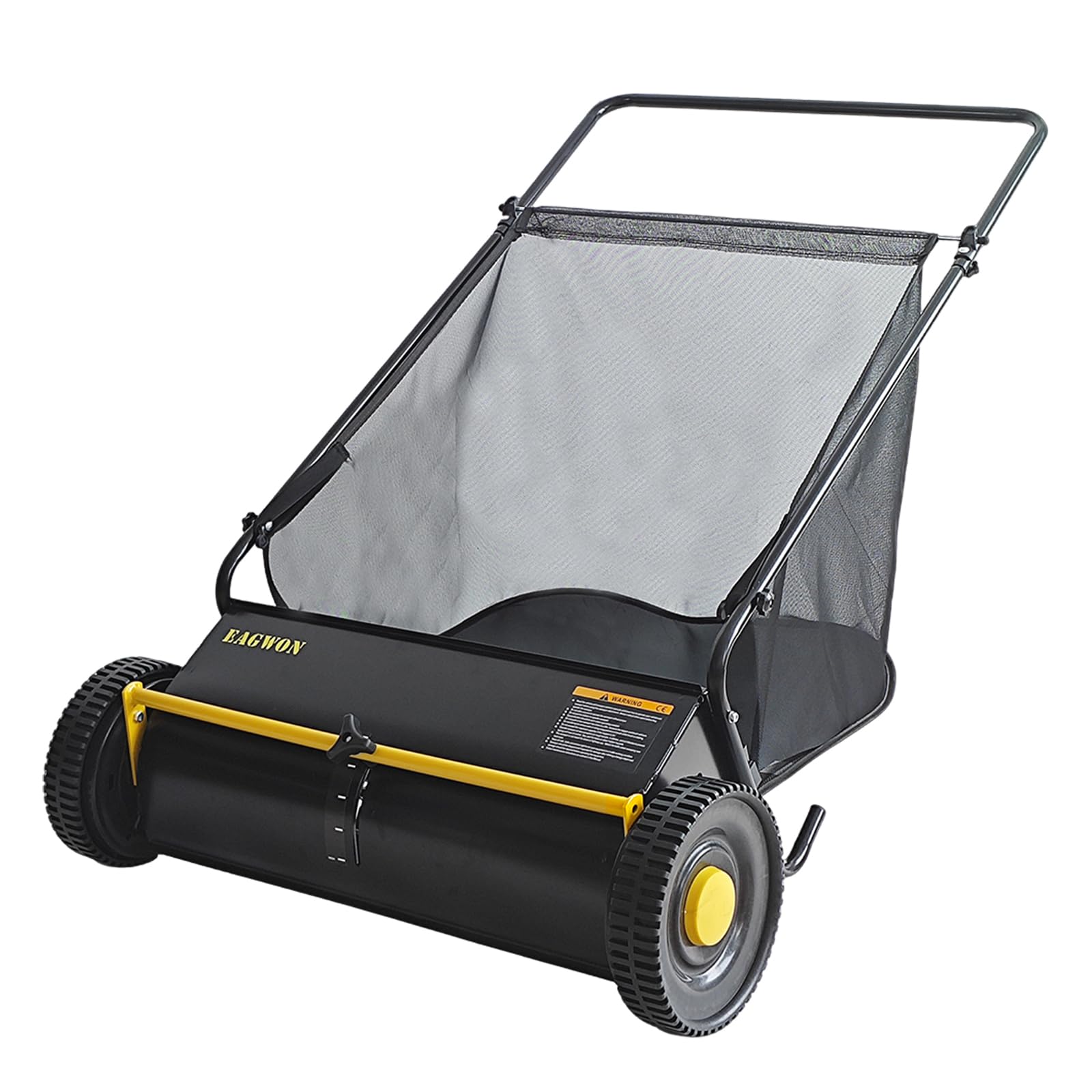 Push Lawn Sweeper, 26-Inch Width, 7 Cu. Ft. Hopper Capacity, 4 Spinning Brushes, Adjustable Height, Durable Steel Frame with Rubber Wheels,Yellow&Black