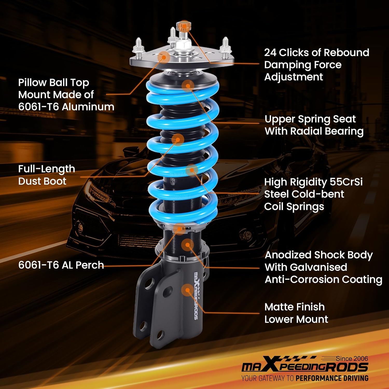 maXpeedingrods Coilover for Scion XB 2004-2006, for Toyota Echo 2000-2005, 24 Levels Damper Adjustable Coilovers Suspension Kit, Height Adjustable T6 Upgraded Lowering Kit Blue