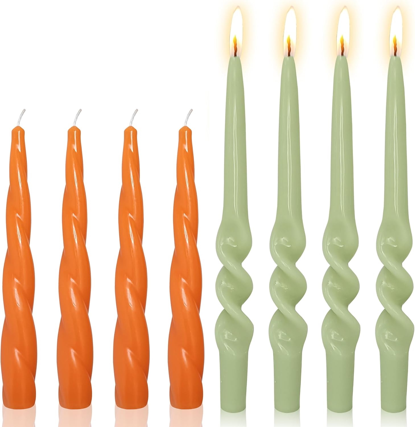 8pcs Spiral Taper Candle Orange Candlesticks and 9inch Green Tapered Candles Fall Twisted Candles Short Tapered Candles