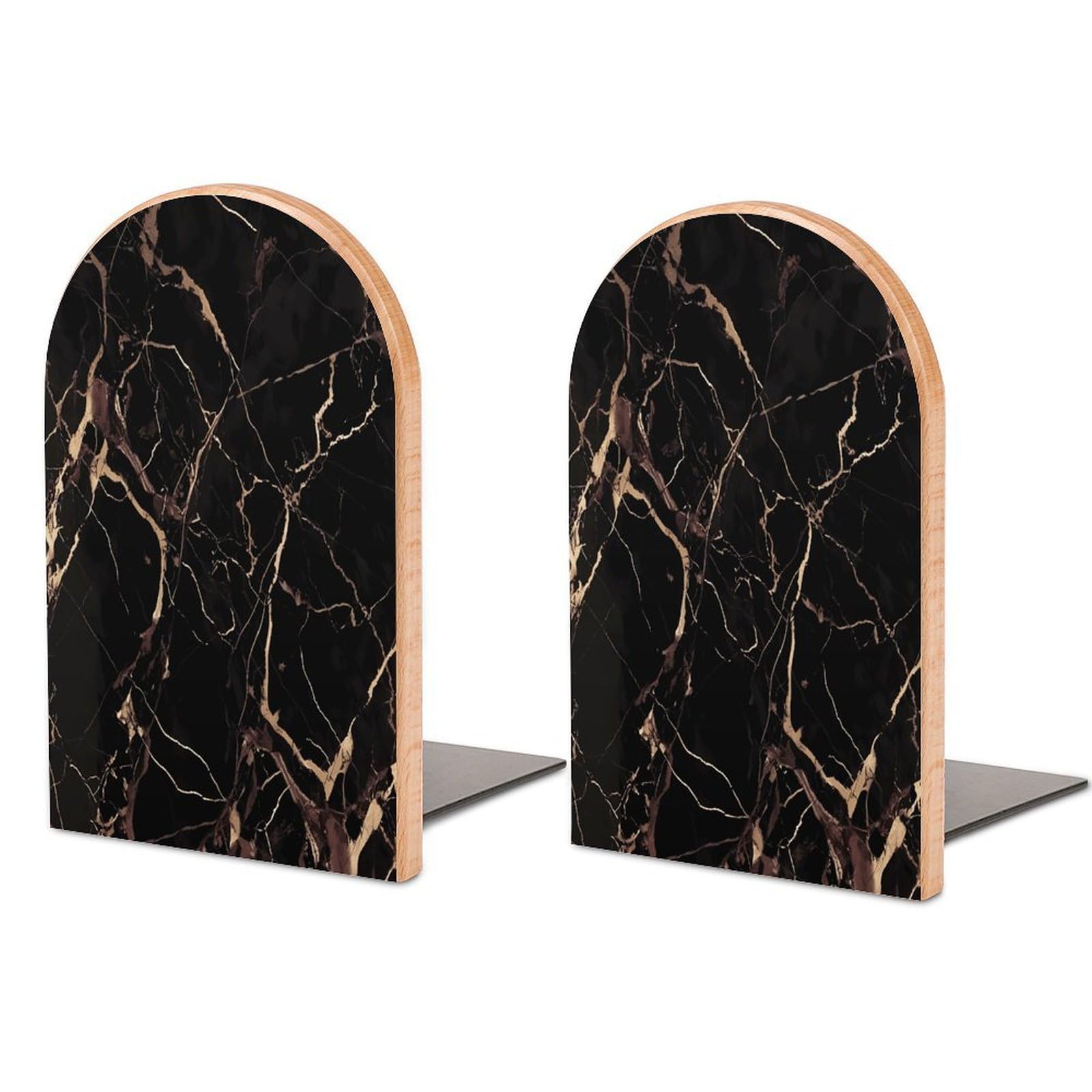 Black Gold Marble Bookends for Shelves Non Skid Book Stoppers Universal Economy Bookend Heavy Duty Wood Book End Decorative Book Shelf Holder for Home Office Desk 1 Pair