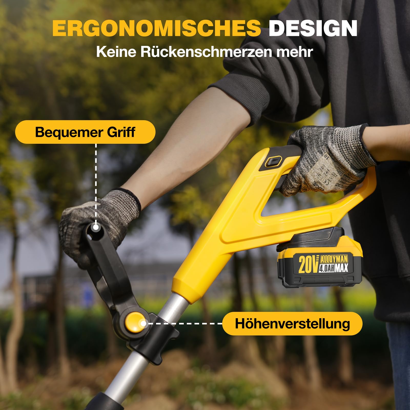 Alloyman 20V MAX Akku Bodenhacke Gartenfräse, 360 U/min Elektro Motorhacke, mit 2 x 4,0 Ah Akkus und Ladegerät, 23 cm Arbeitsbreite, 17 cm Tiefe, mit Schutzschalter, für Rasen/Garten/Bodenbearbeitung