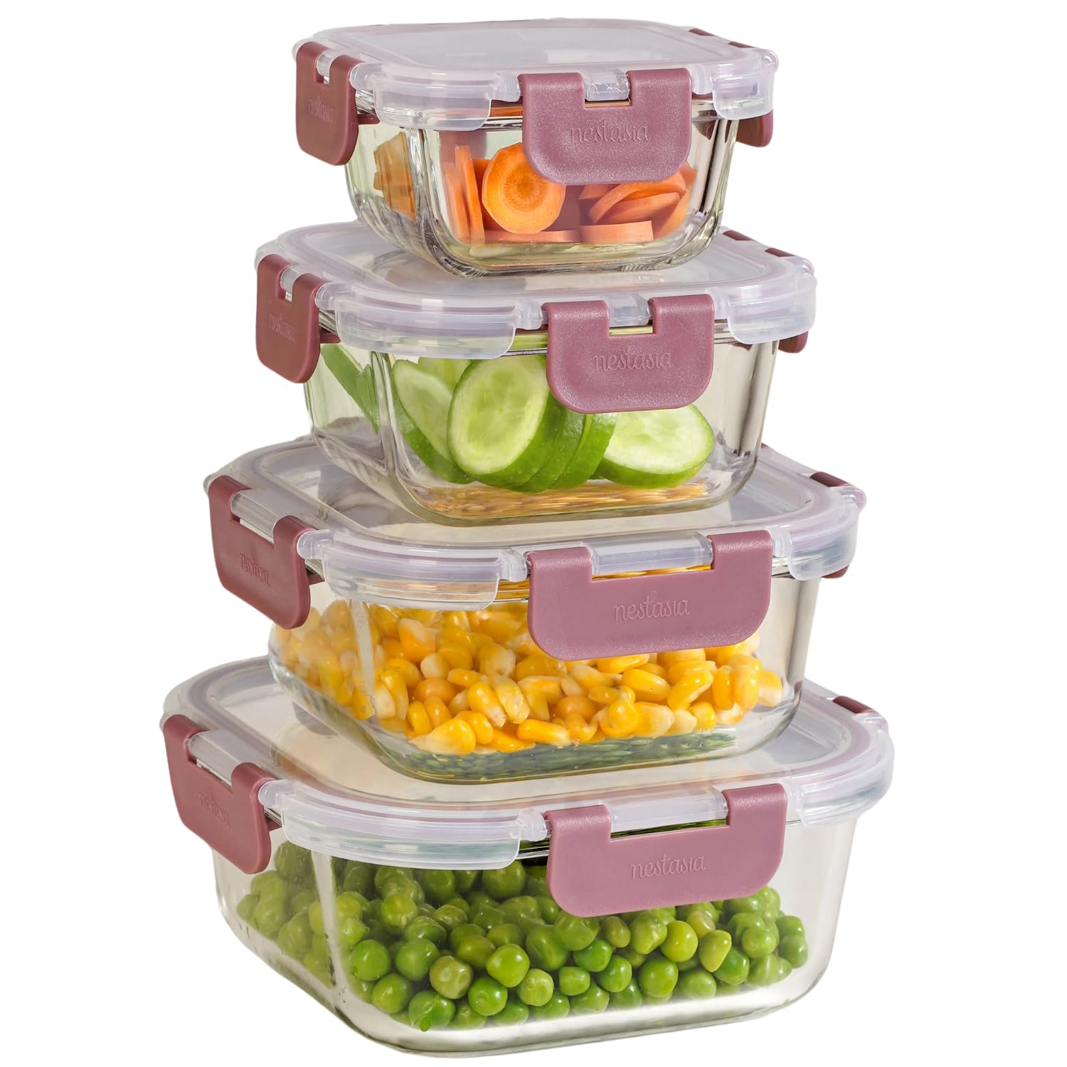 Nestasia Nestro Airtight Glass Containers with Lid Set of 4 (160ml, 300ml, 500ml, 800ml) | Spill Proof Square Glass Containers with Break Free Lock - Microwave, Dishwasher & Freezer Safe (Mauve)