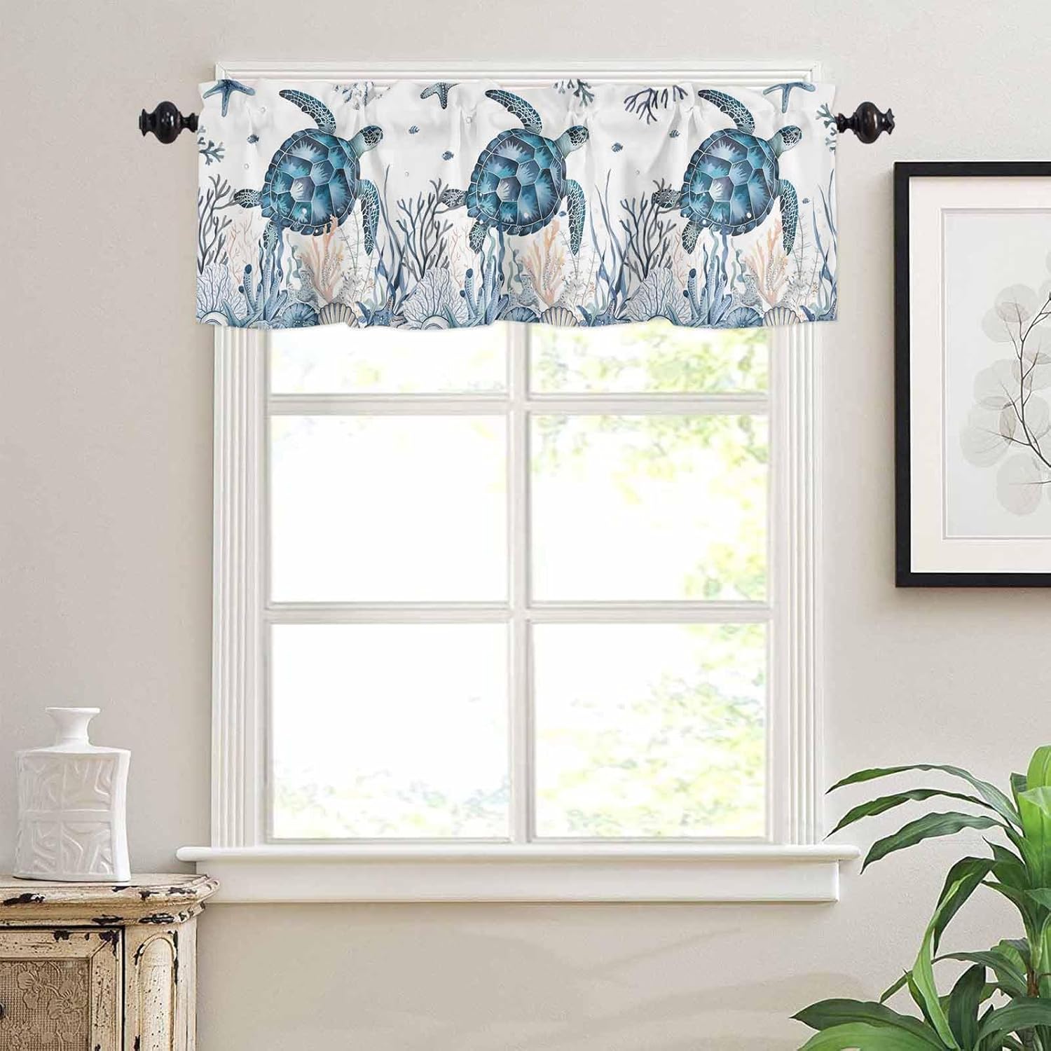 3PCS Kitchen Curtains Tiers Set Semi Sheer Kitchen Curtain Window Summer Ocean Turtle Coral Shell Conch Starfish White Tier & Valance Set Rod Pocket Valance, 54"x18"/27.5"x24"x2