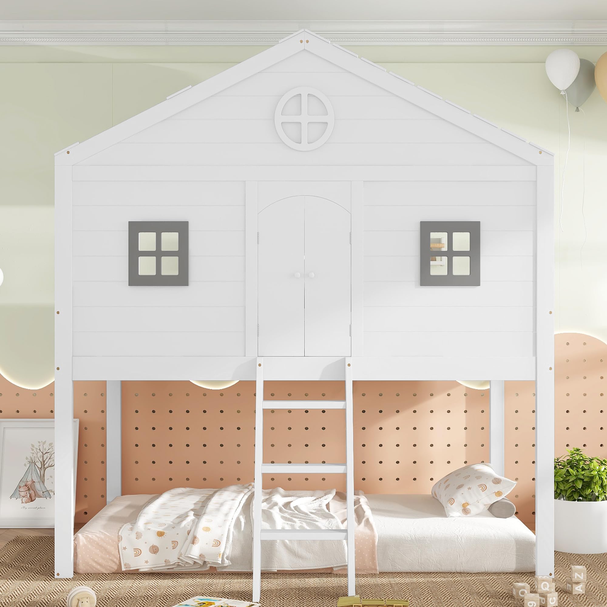 Merax Hochbett 90x200cm, Kinderbett Etagenbett mit Sicherheitsleiter, Rausfallschutz & Lattenrost, Hausbett mit Dach & Fenster, Platzsparendes Stockbett Jugendhochbett, Unterhaltungsbereich, Weiß