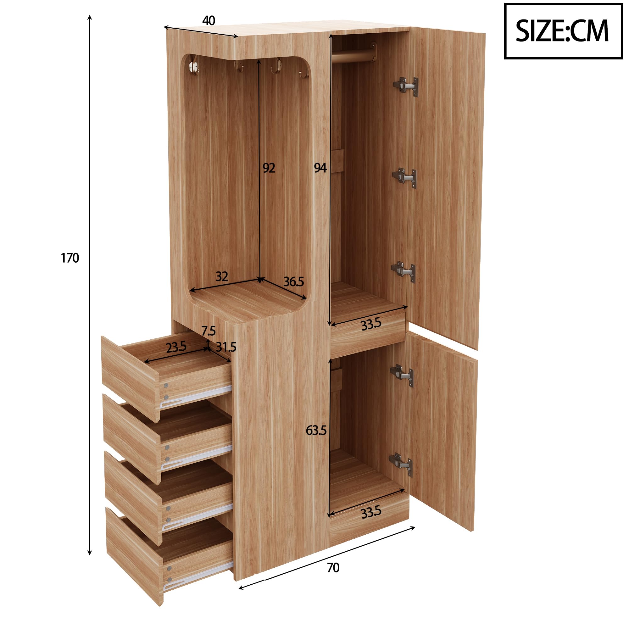 Armoire 70 x 40 x 170 cm, avec tiroirs, compartiments de rangement et espace vestiaire ouvert, peu encombrante pour chambre à coucher et couloir, couleur bois