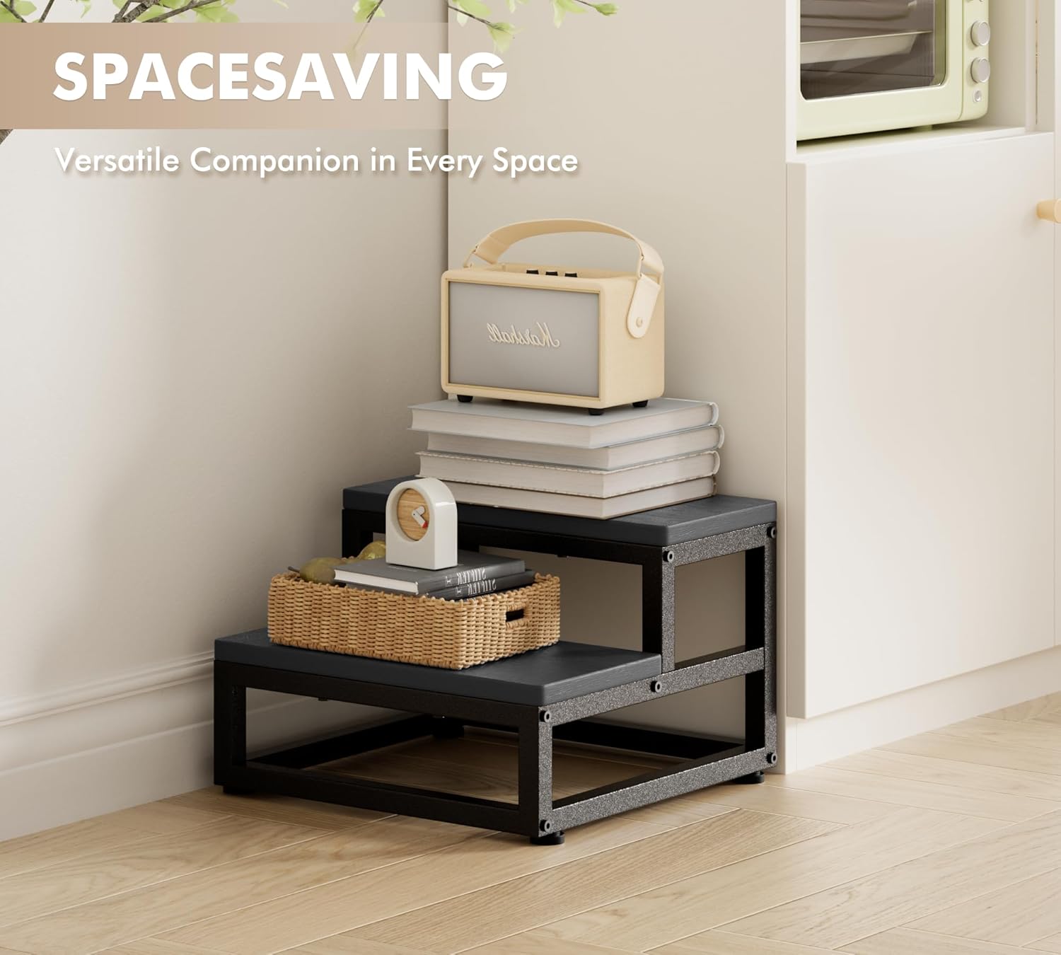 Two-Step Stool for Adults & Kids, Waterproof HDPE Bed Step with Adjustable Non-Slip Feet, Sturdy Metal Frame for Kitchen, Bathroom, Bedroom, RV & Outdoor Use, Black