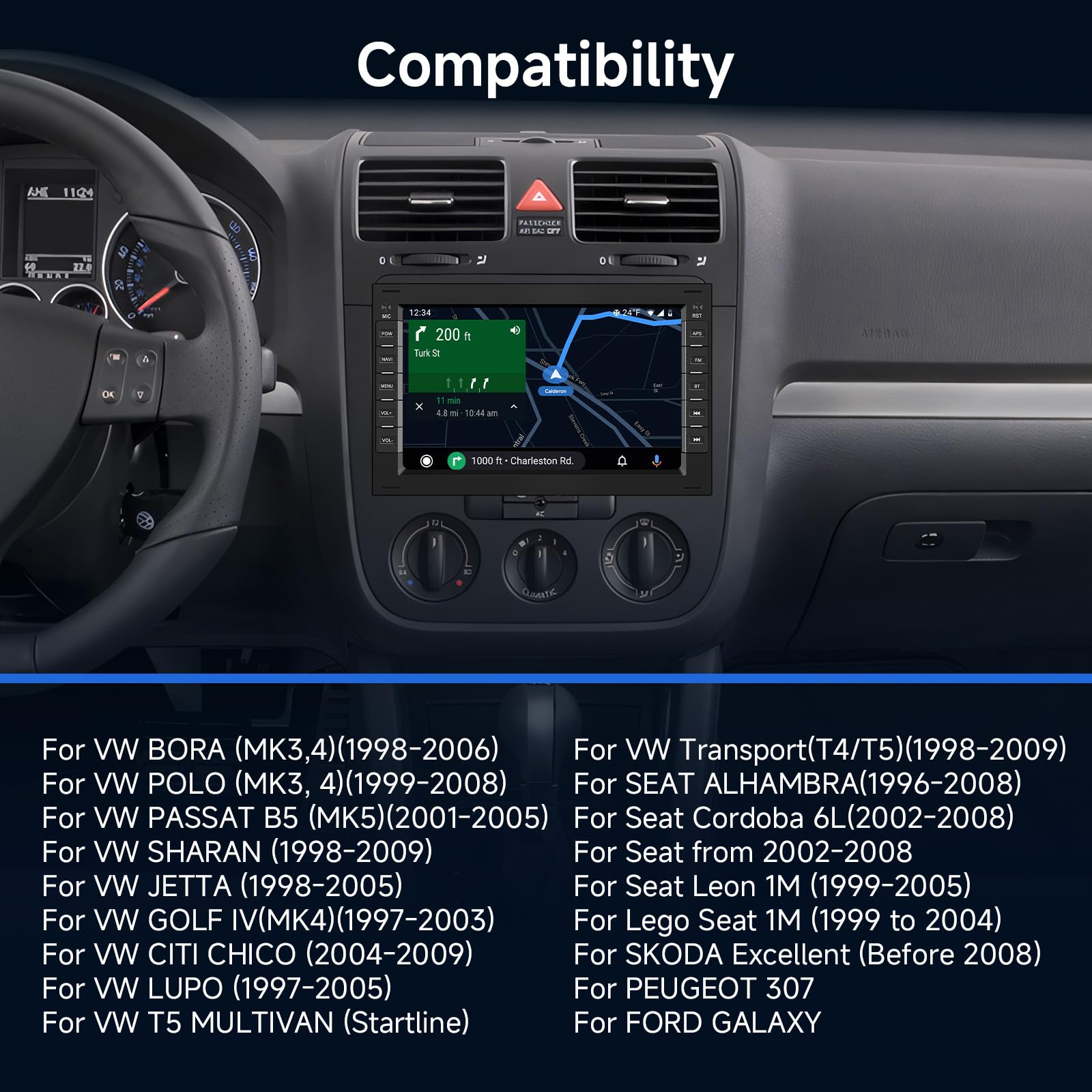 2G+64G Autoradio pour VW Passat Golf MK5 Transport Jetta Polo Touran Seat Sharan Skoda avec sans Fil Carplay, Hodozzy Ecran Tactile 7 Pouces Android Auto avec GPS WiFi Bluetooth FM/RDS/EQ/SWC+Caméra