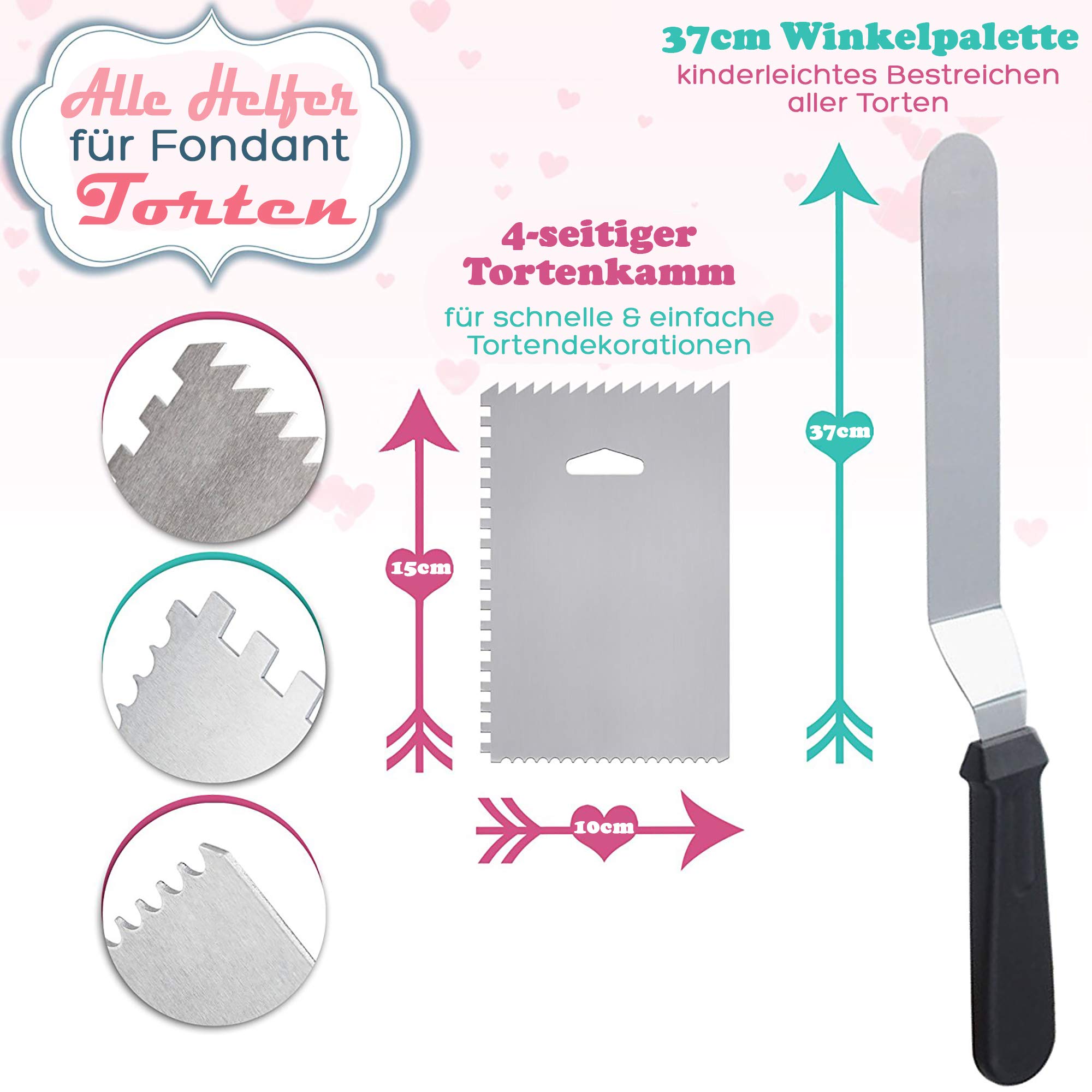 Piatto girevole per torte MoNiRo - alzata girevole con piatto da 30 cm e accessori professionali per dolci con fondente - spatola angolare in acciaio inox + smoother per la realizzazione di torte