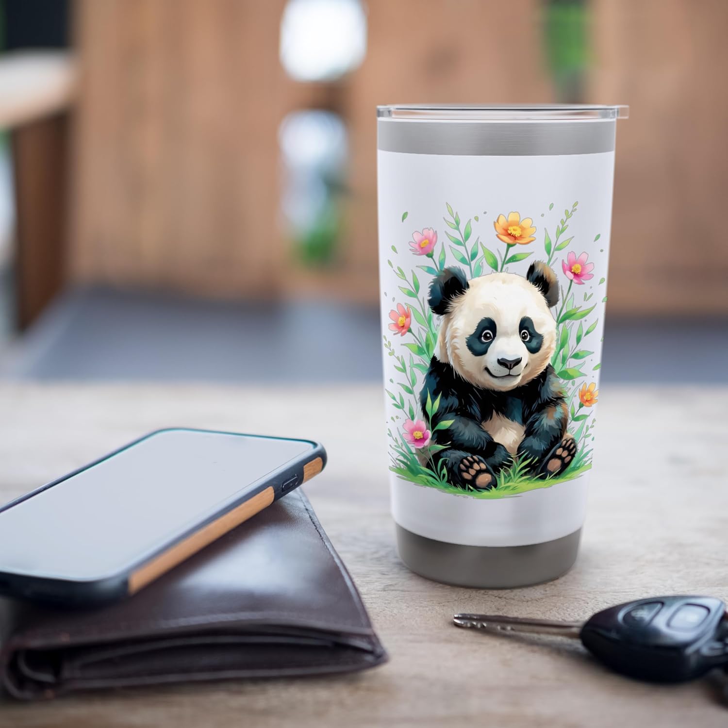 Cute Panda with Colorful Floral Surroundings Stainless Steel Insulated Tumbler - Image 7