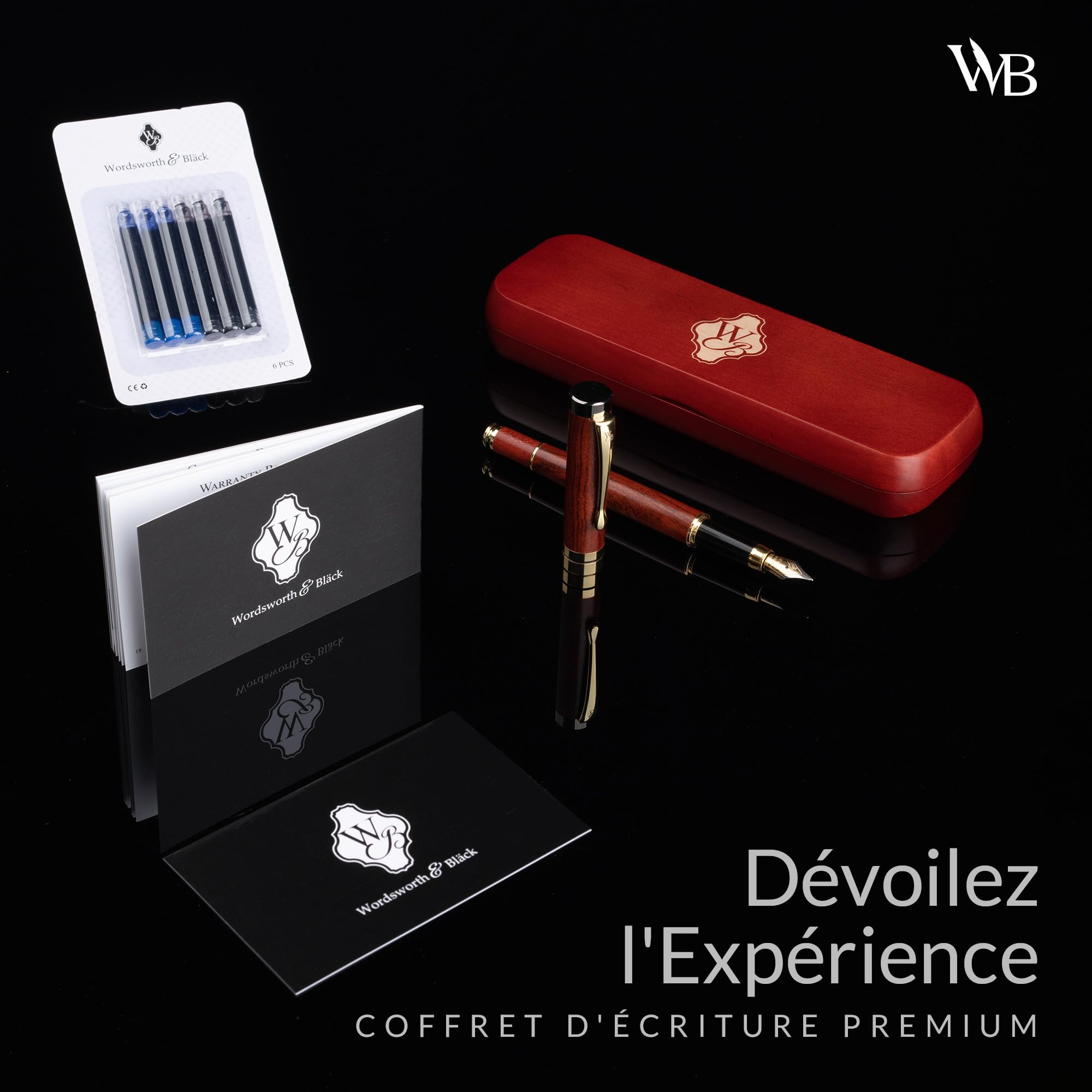 Wordsworth & Black Ensemble de stylo-plume, bois de bambou de - plume moyenne, coffret cadeau; Comprend 6 cartouches d'encre, un convertisseur de recharge d'encre; Calligraphie, dessin [Bois de rose]