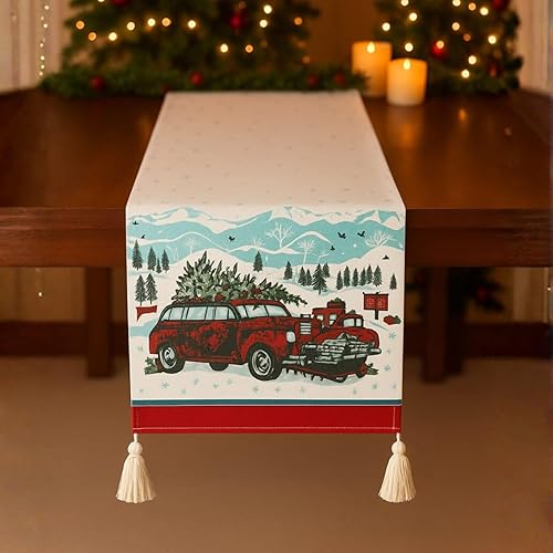 Miniatura 13 de Folkulture Camino de mesa navideño de 72 pulgadas de largo con borlas, camino de mesa 100% algodón para decoraciones de Navidad, camino de mesa