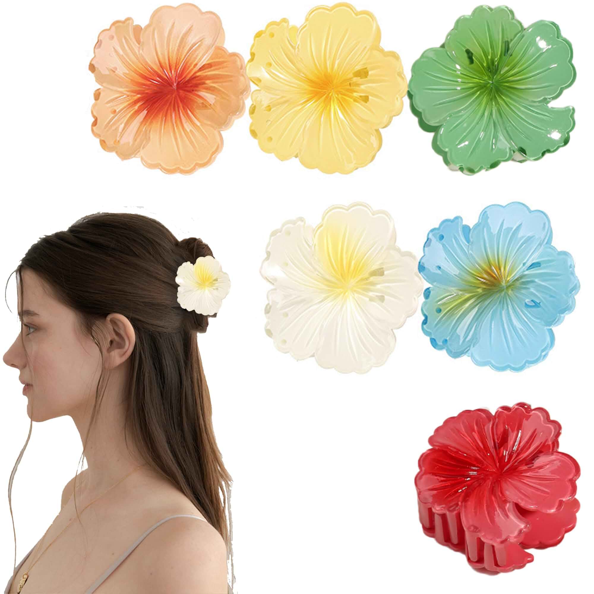 6 Pcs Hibiscus Hair Clip,Medium Hawaiian Flower Claw Clip for Thin Thick 3 Inch,Orange & Blue & White & Green & Yellow & Red，Strong Hold， Elegant Tropical Hair Accessories for Half Up & Updo