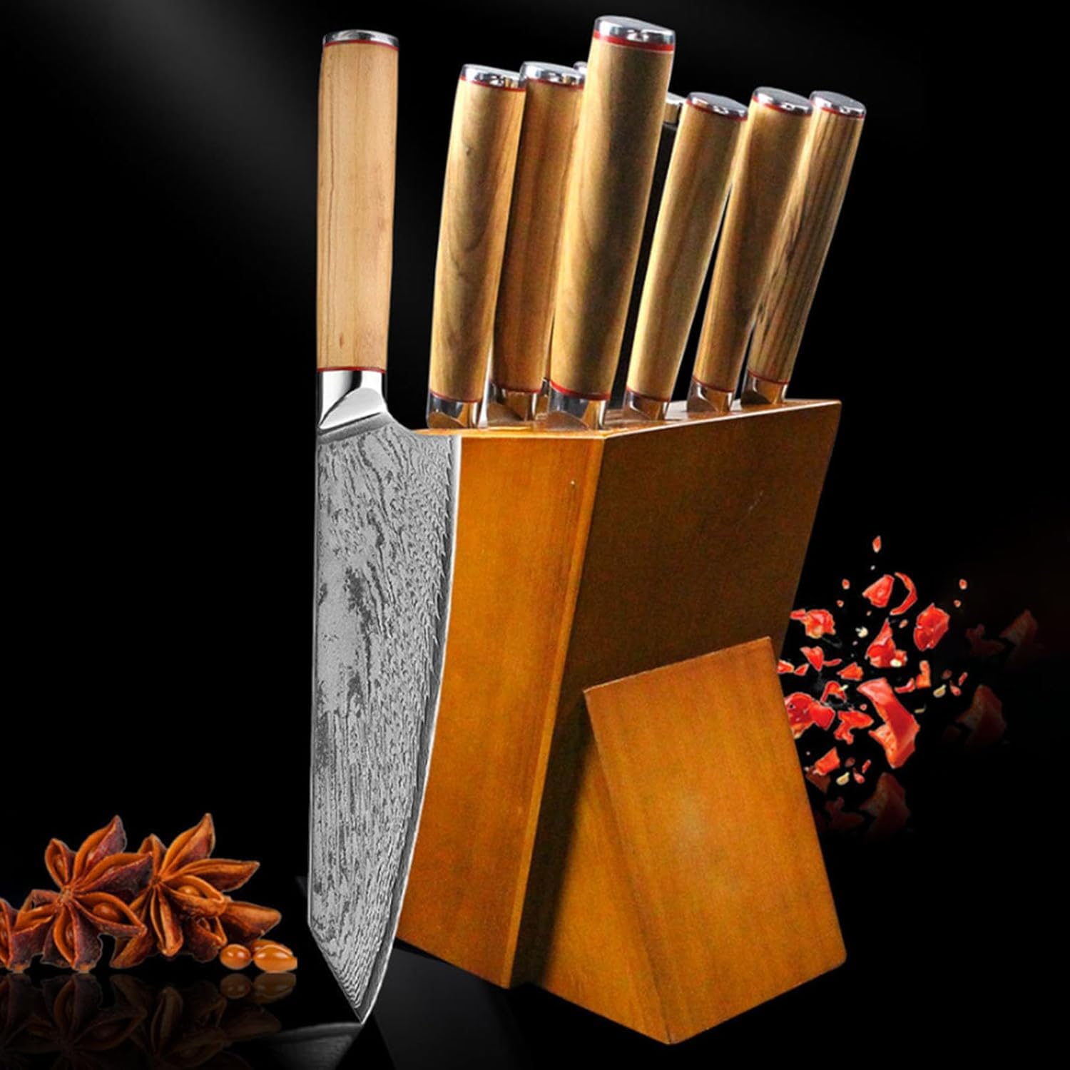 9-Piece Damascus Kitchen Knife Block Set Olive Wood Handle Knife Set Forged Japanese AUS10 Stainless Steel for Chef