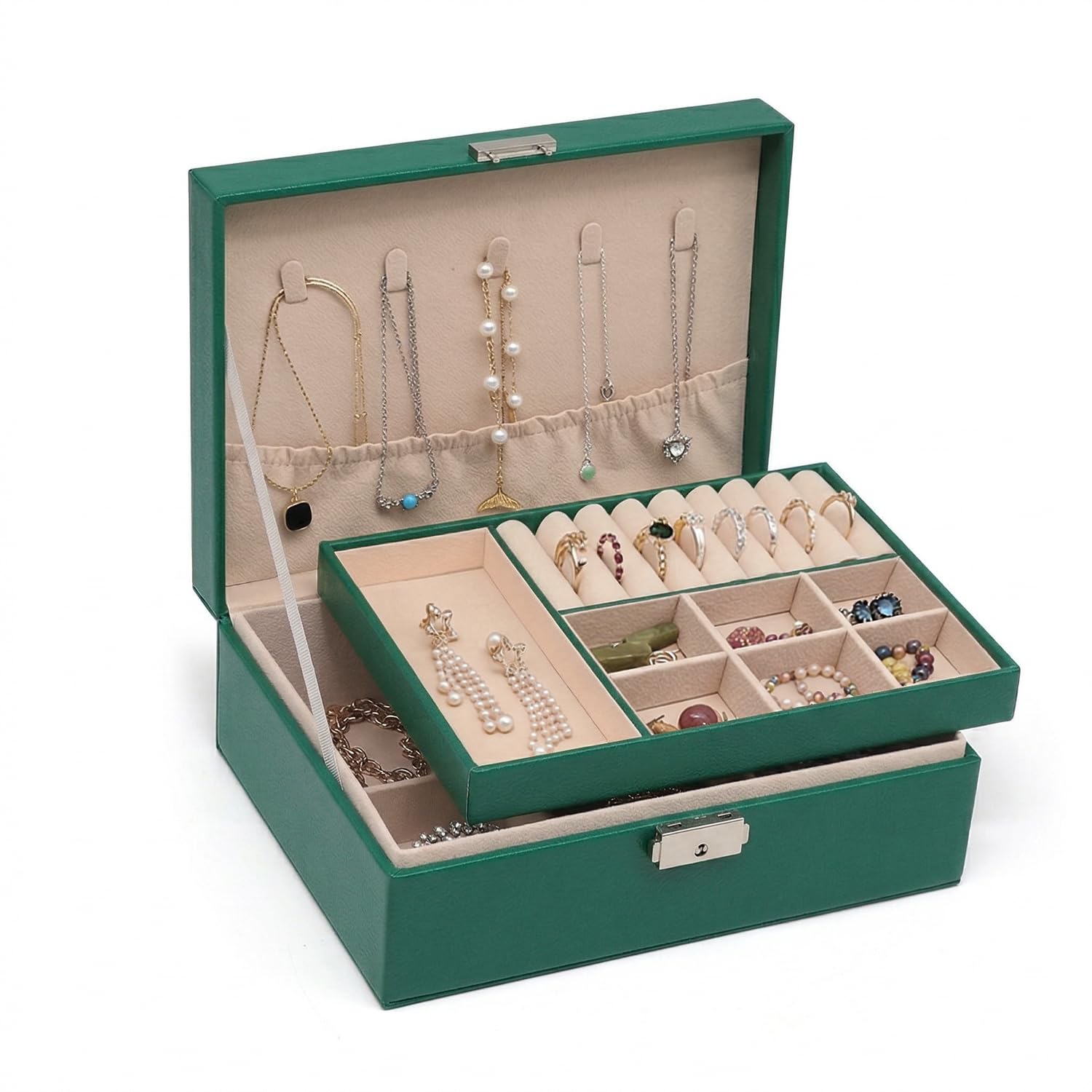 Pahajim Jewellery Box Organiser for Women, 2-Layer Large Jewelry Storage Case with Lock, Waterproof PU Leather Jewelry Case for Earrings Necklaces Rings Bracelets, Elegant Gift Idea (Green)