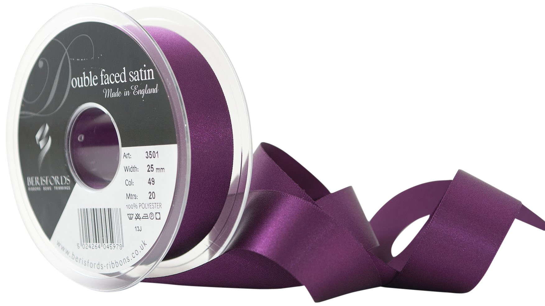 Berisfords 3501 25mm 49 Plum Double Satin Ribbon x 20mtr, 25 mm