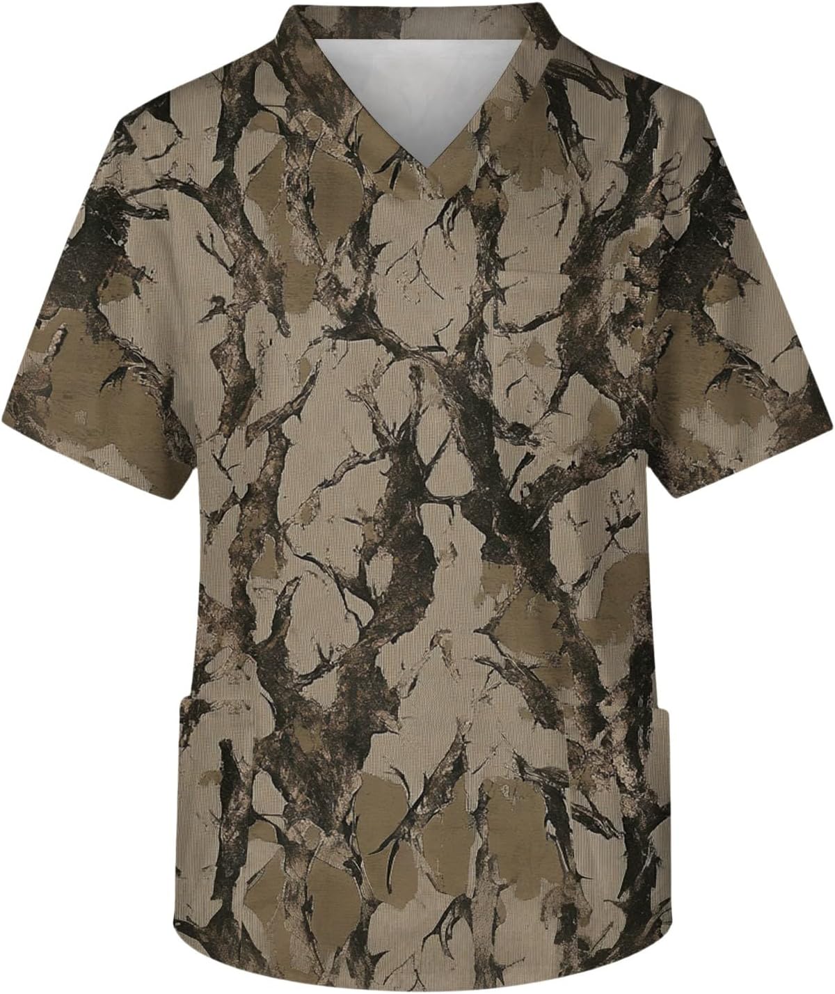 Men's Camo Scrub Top V-Neck Short Sleeve Soft Stretch Tuckable Shirts with Pockets