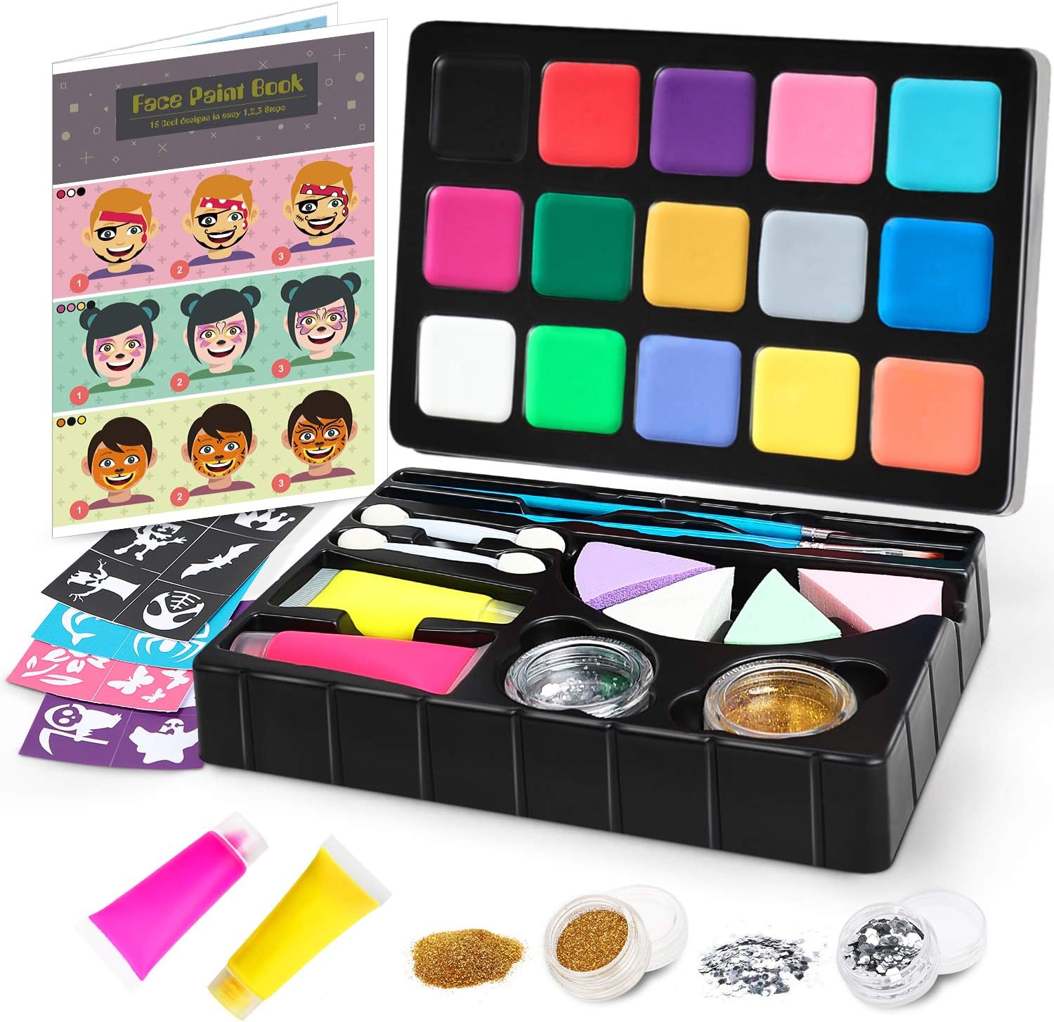 Jojoin Double Layer Face Paint Set for Kids, 15-Color Face Painting Palette, 2 Neon Liquid Paints, Designs Teaching Book - Halloween Carnival Makeup Set - Non-toxic, Water Based