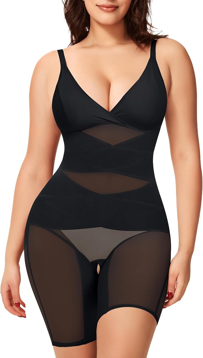 KUMAYES Shapewear Bodysuit for Women - Tummy Control Butt Lifter Fajas Body Shaper V-Neck Body Suits with Built in Bra
