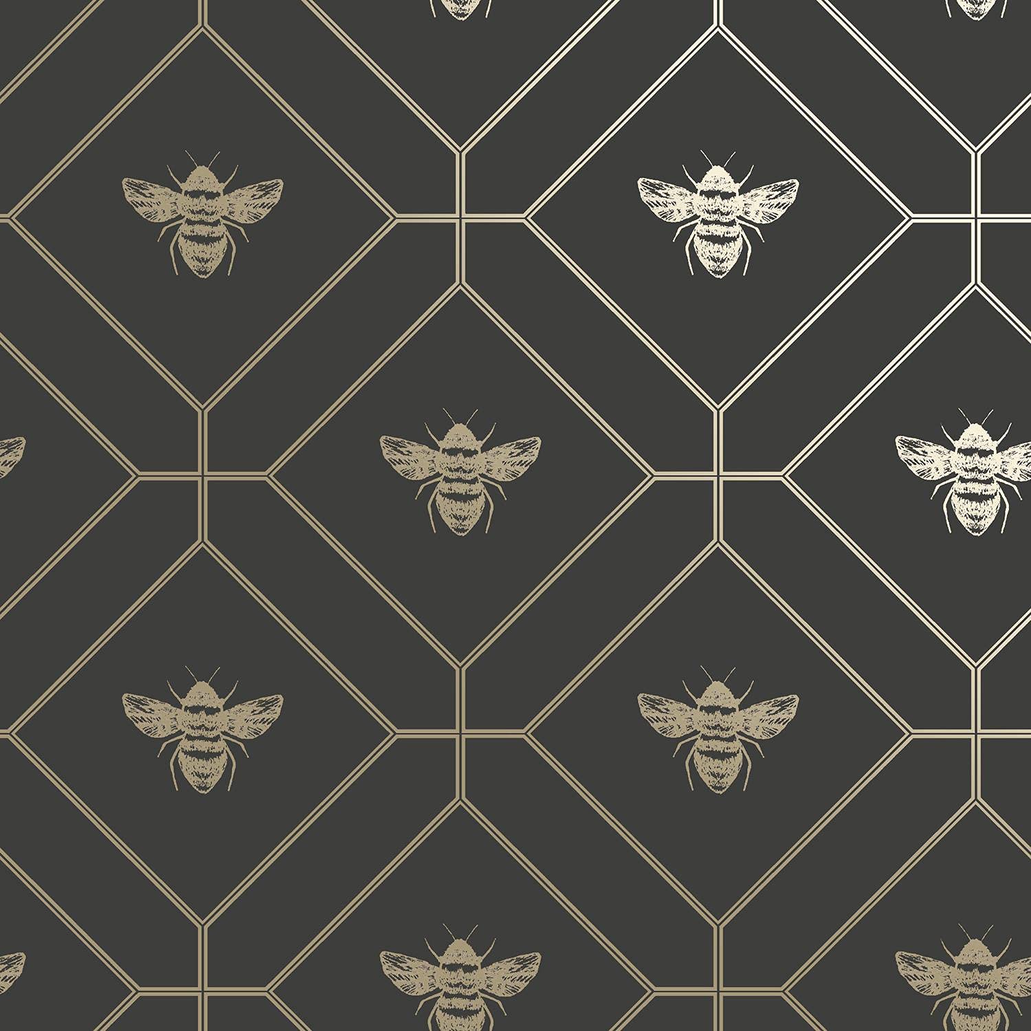 Yöl Charcoal Honeycomb Bee Wallpaper Geometric Metallic Modern Gold