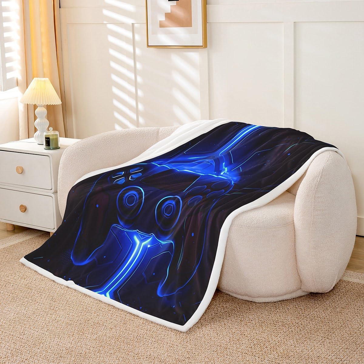 Feelyou Kids Teens Boys Video Game Sherpa Blanket Game Console Fleece Throw Blanket for Kids Blue Gaming Geometric Plush Blanket Gamer Fuzzy Blanket for Sofa Bed Couch 40"x50"