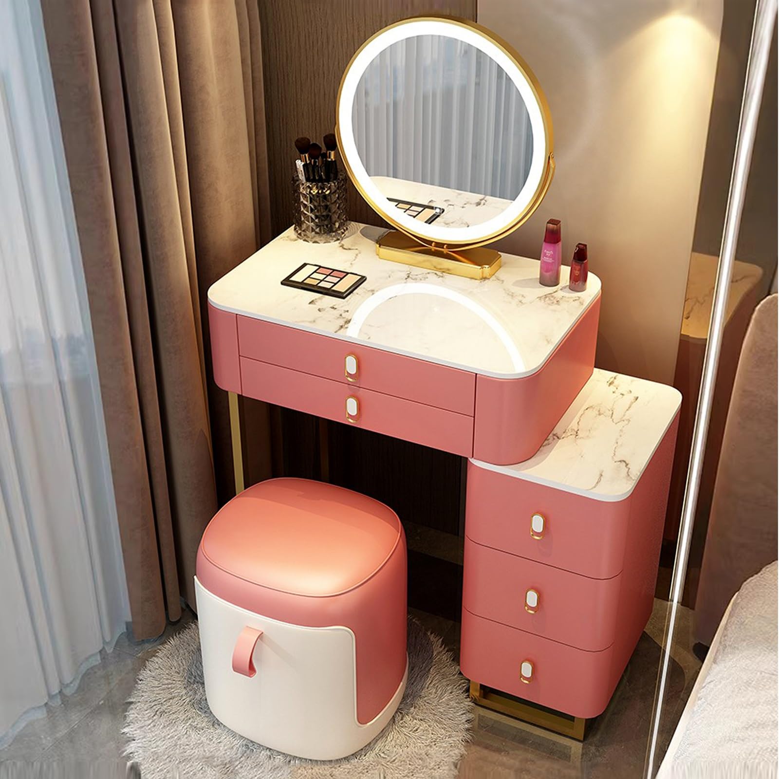 asdchZen Adjustable Makeup Dressing Table Set With Mirror For Girls & Women-Modern 5-Drawer Vanity Desk In Sleek Iv Wood Finish