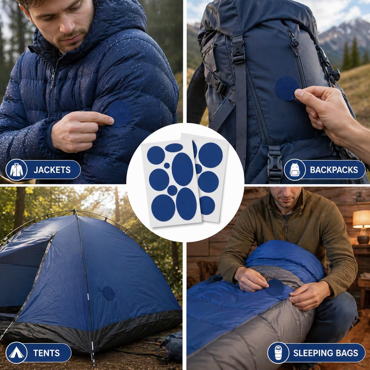HEAVY DRIVER 16 Pcs Puffer Jacket Repair Patch Kit – Self Adhesive Waterproof Nylon Fabric Patches | Stick On Repair Tape for Down Coat Tent Sleeping Bag Ski Wear Backpack (Blue) 4