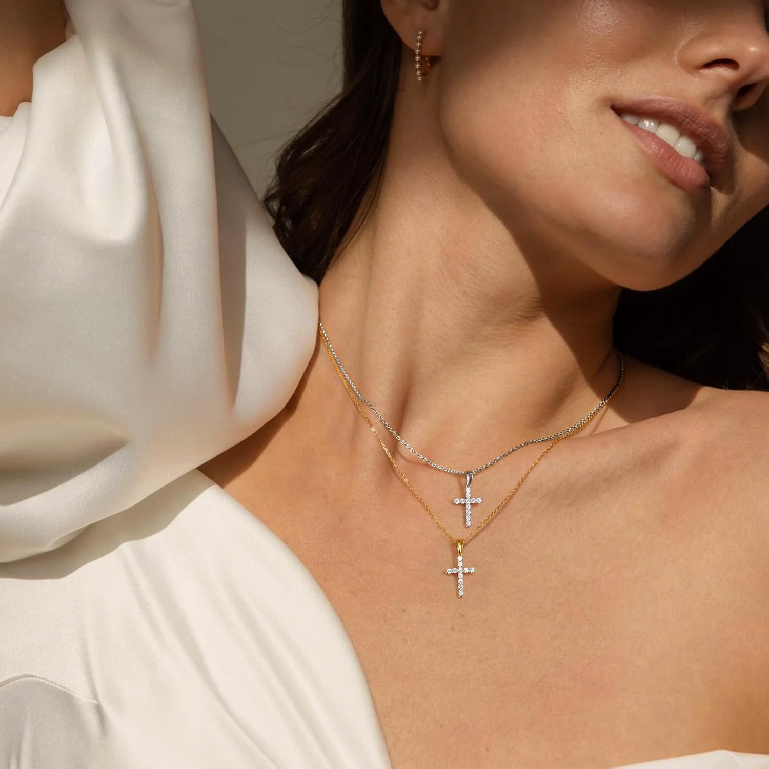 Moissanite Small Cross Necklace for Women: Dainty Tiny 14K Gold Plated Sterling Silver Pendant Simulated Diamond Layered Chain Necklace Minimalism Jewelry - Image 2