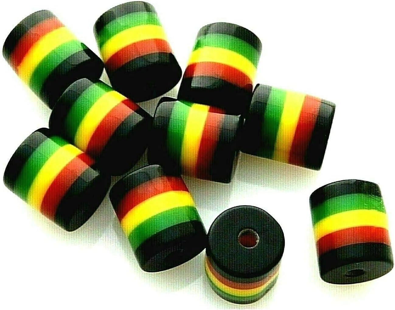 100 Rasta Jamaica Black Red Green Yellow Striped 9x8mm Round Tube Resin Beads