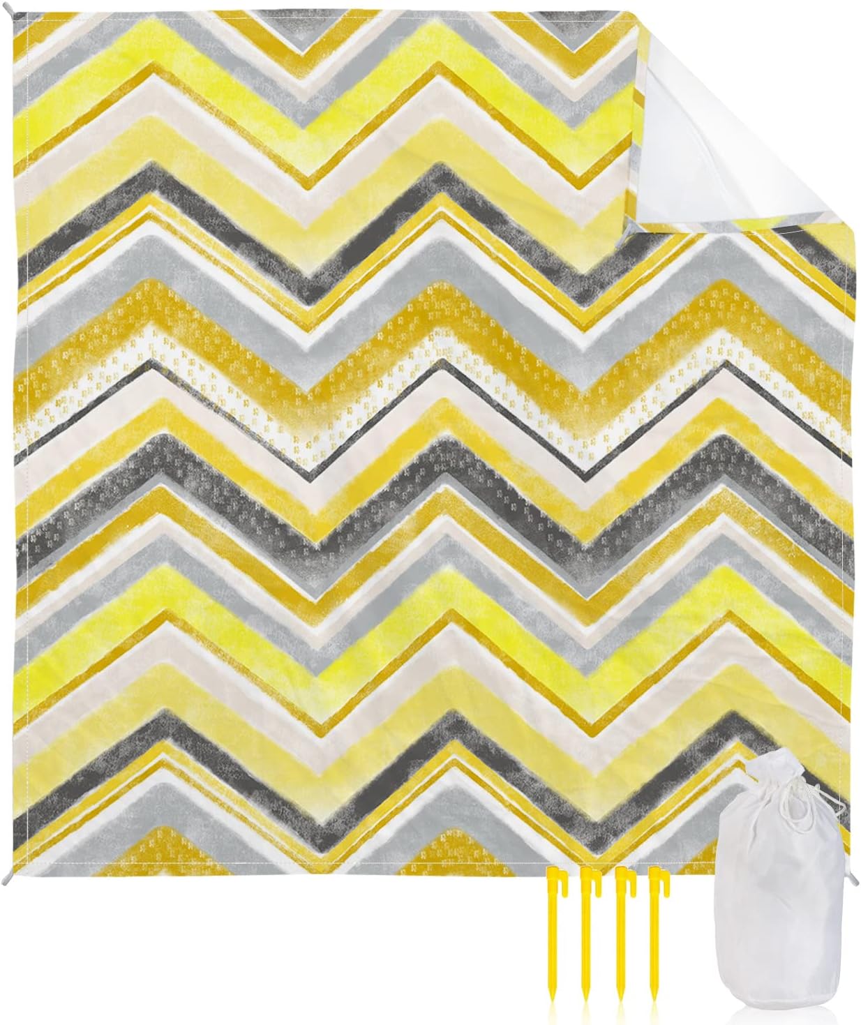 Abstract Art Yellow Grey Chaven Stripes Beach Blanket Waterproof Sandproof Outdoor Picnic Mat 108"x84" Horizontal Zig Zag Lightweight Large Beaach Blankets with 4 Stake & 4 Corner Pockets