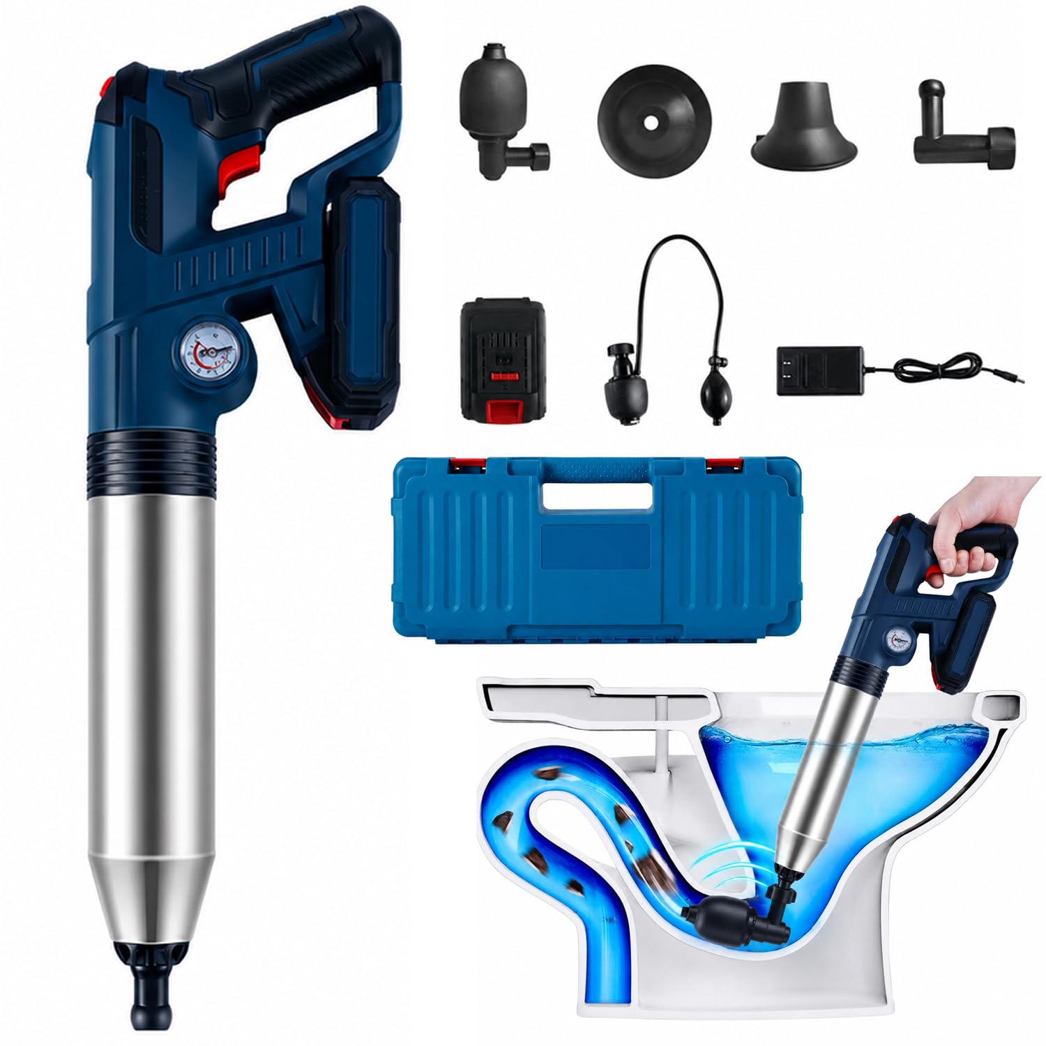Sturalavandini Resistente, Disotturante Per Wc, Pressione Dellaria 1-6 Bar, Barometro Visivo, Anti-schizzi + Risparmia Tempo/fatica, Utilizzabile Fino A 30 Volte Con Una Sola Carica, Per Bagno