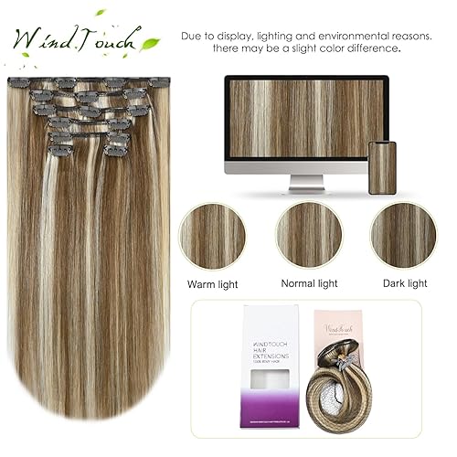 Miniatura 4 de WindTouch - Extensiones de cabello humano liso Remy con pinzas, color castaño claro a rubio con balayage, para cabello rubio, 2.47onzas, N. 6p613,